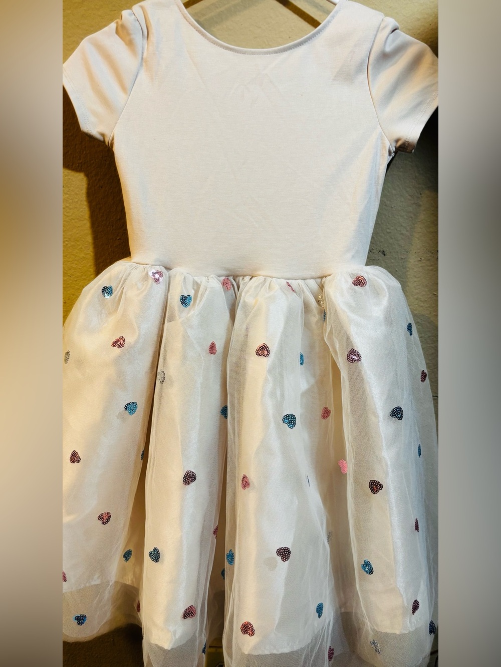 H&M Cream Tulle Dress with Pink, Blue and Purple Heart Embroidery